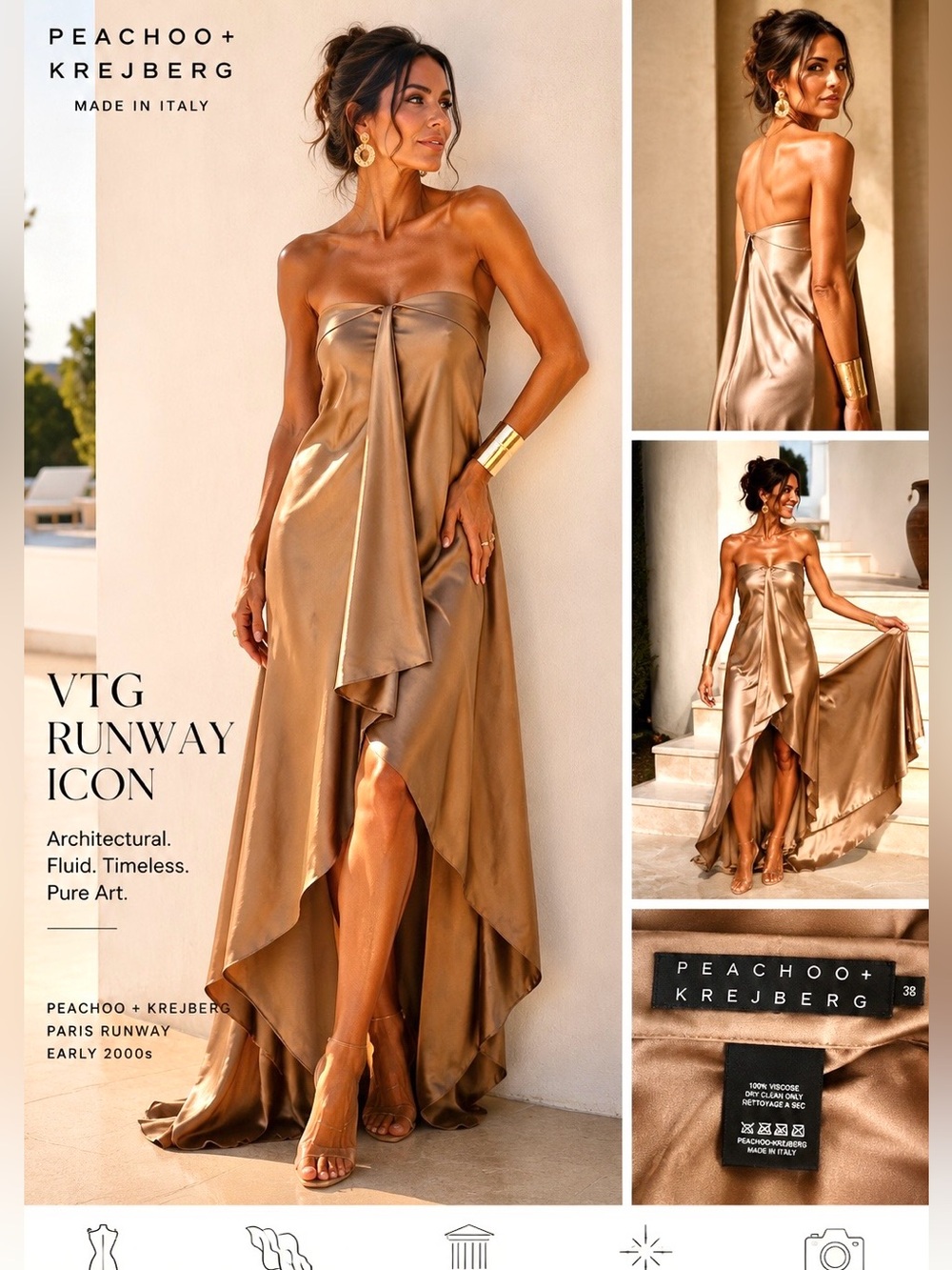 VTG Peachoo + Krejberg Italy Bronze Liquid Satin  Runway Gown Dress Size 38